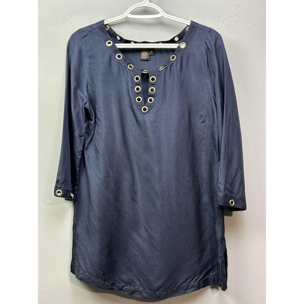 Dana Buchman Top Womens Small Blue 100% Silk Grommet Tunic 3/4 Sleeve Blouse‎